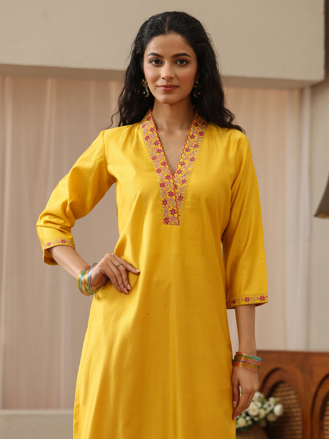 Yellow Yoke Design Silk Blend Straight Kurta