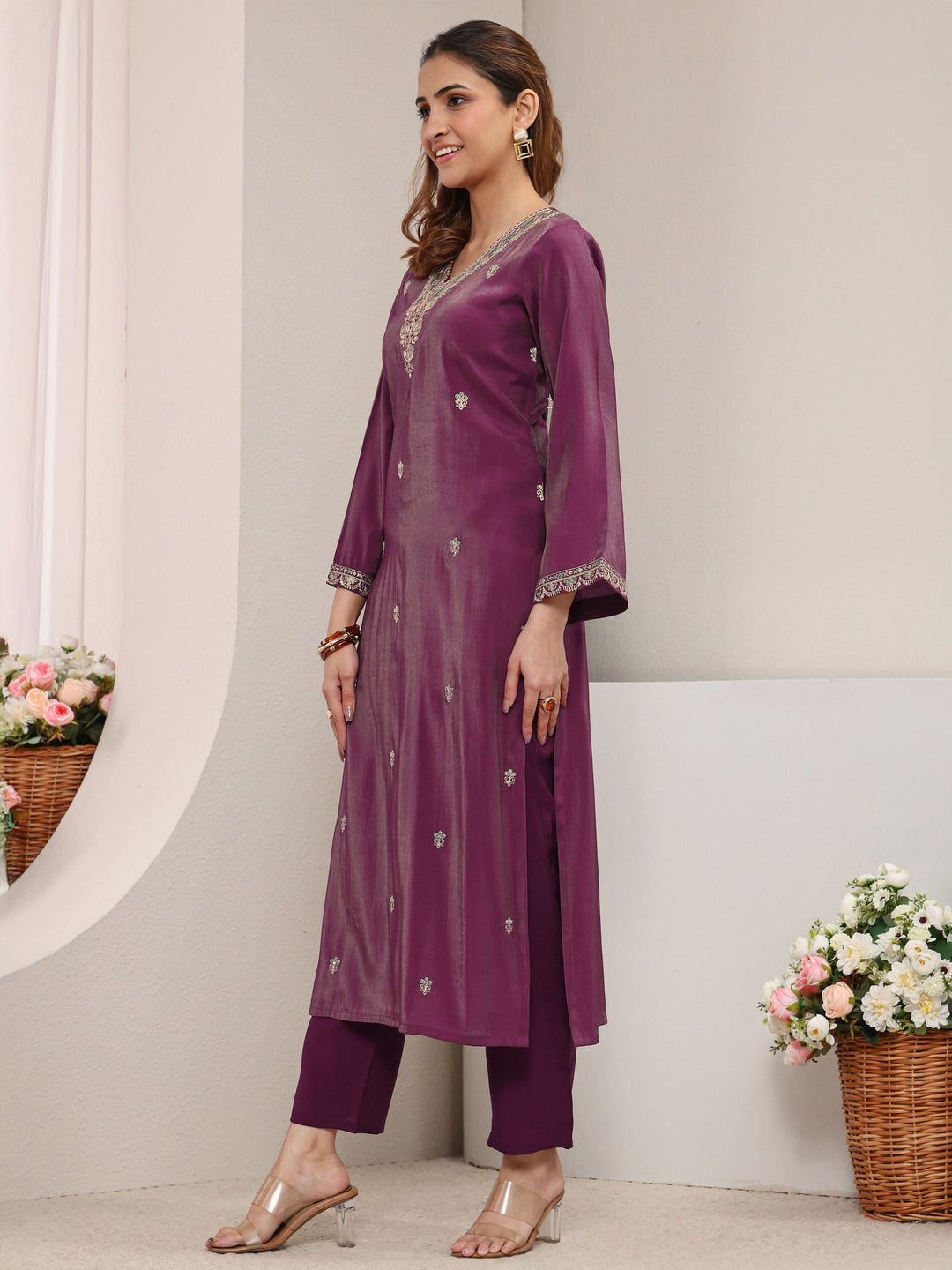 Magenta Embroidered Silk Blend Straight Kurta