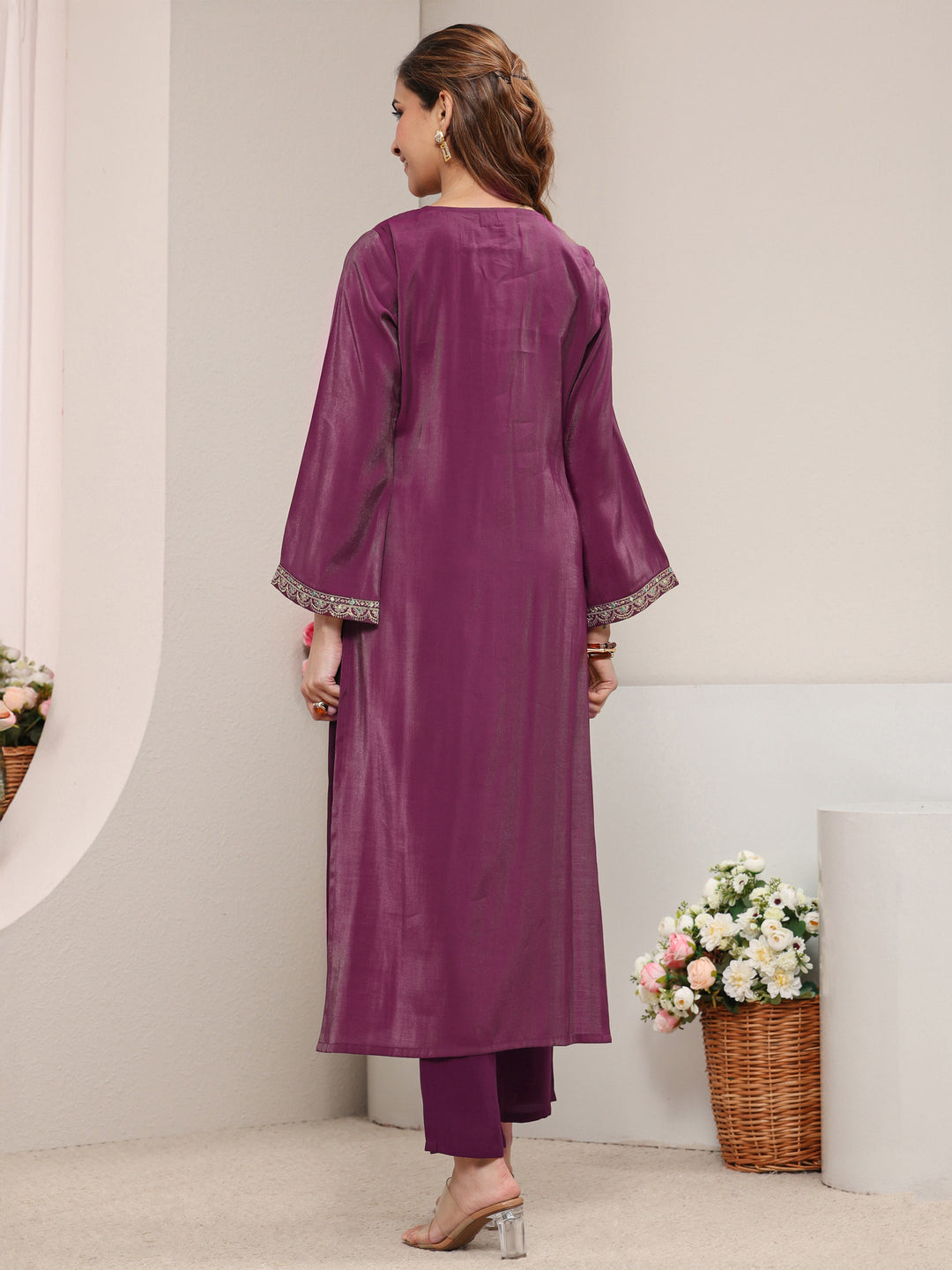 Magenta Embroidered Silk Blend Straight Kurta