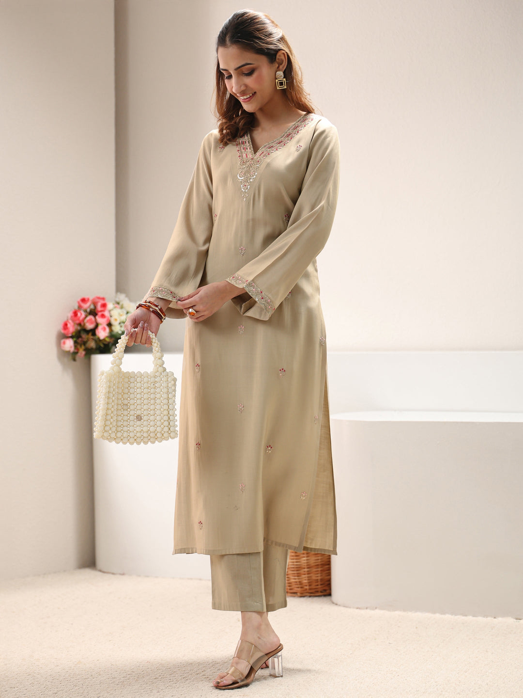 Grey Embroidered Silk Blend Straight Kurta