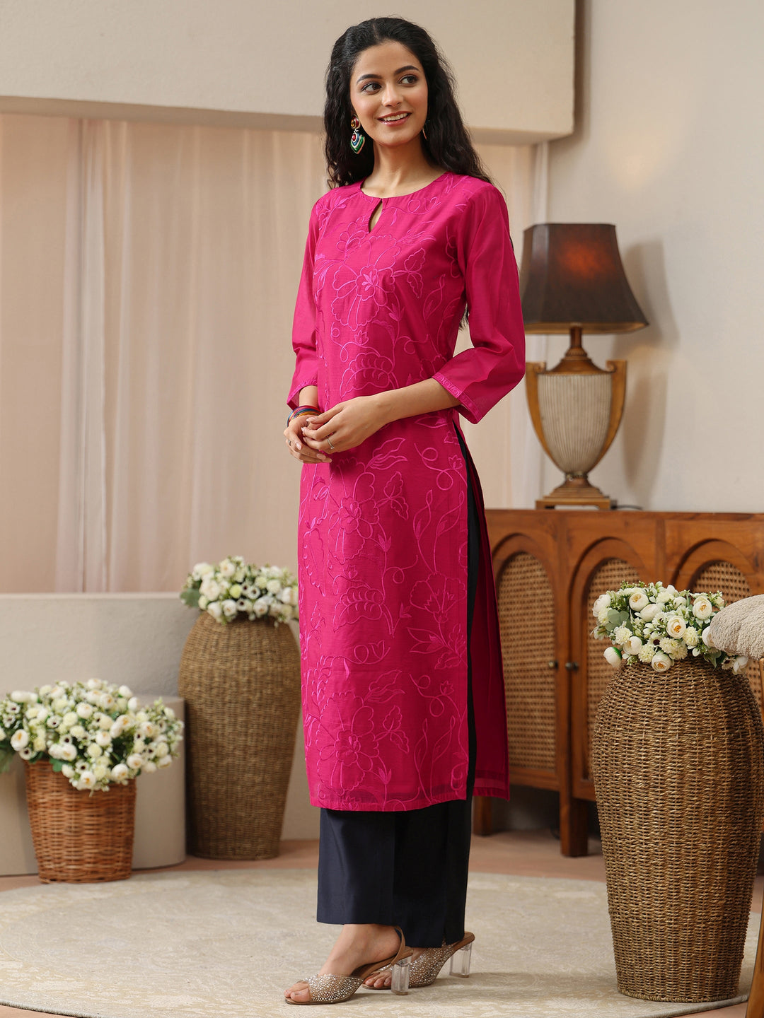 Pink Floral Embroidered Chanderi Silk Straight Kurta