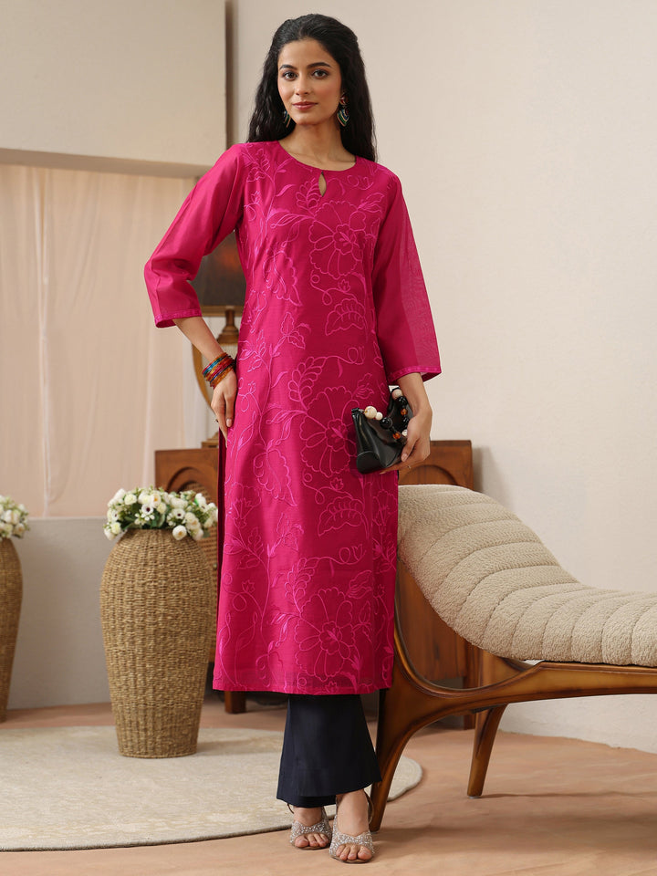 Pink Floral Embroidered Chanderi Silk Straight Kurta