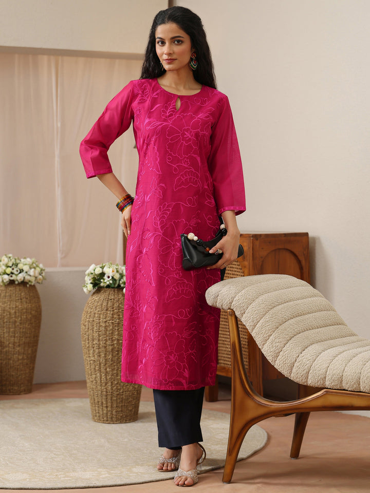 Pink Floral Embroidered Chanderi Silk Straight Kurta