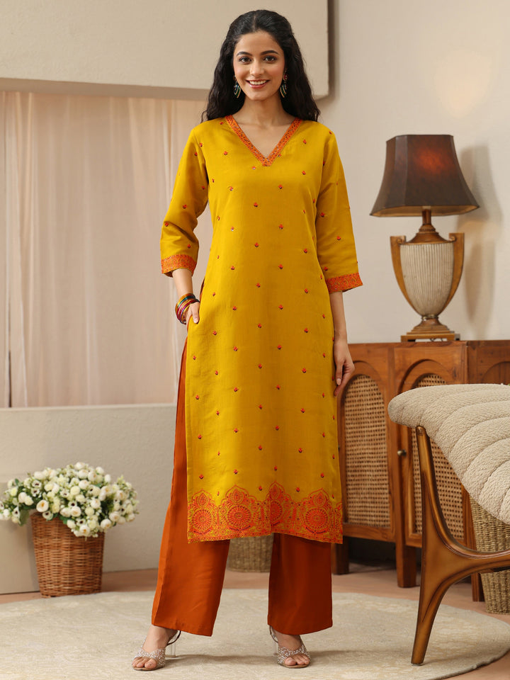 Mustard Ethnic Embroidered Chanderi Cotton Straight Kurta