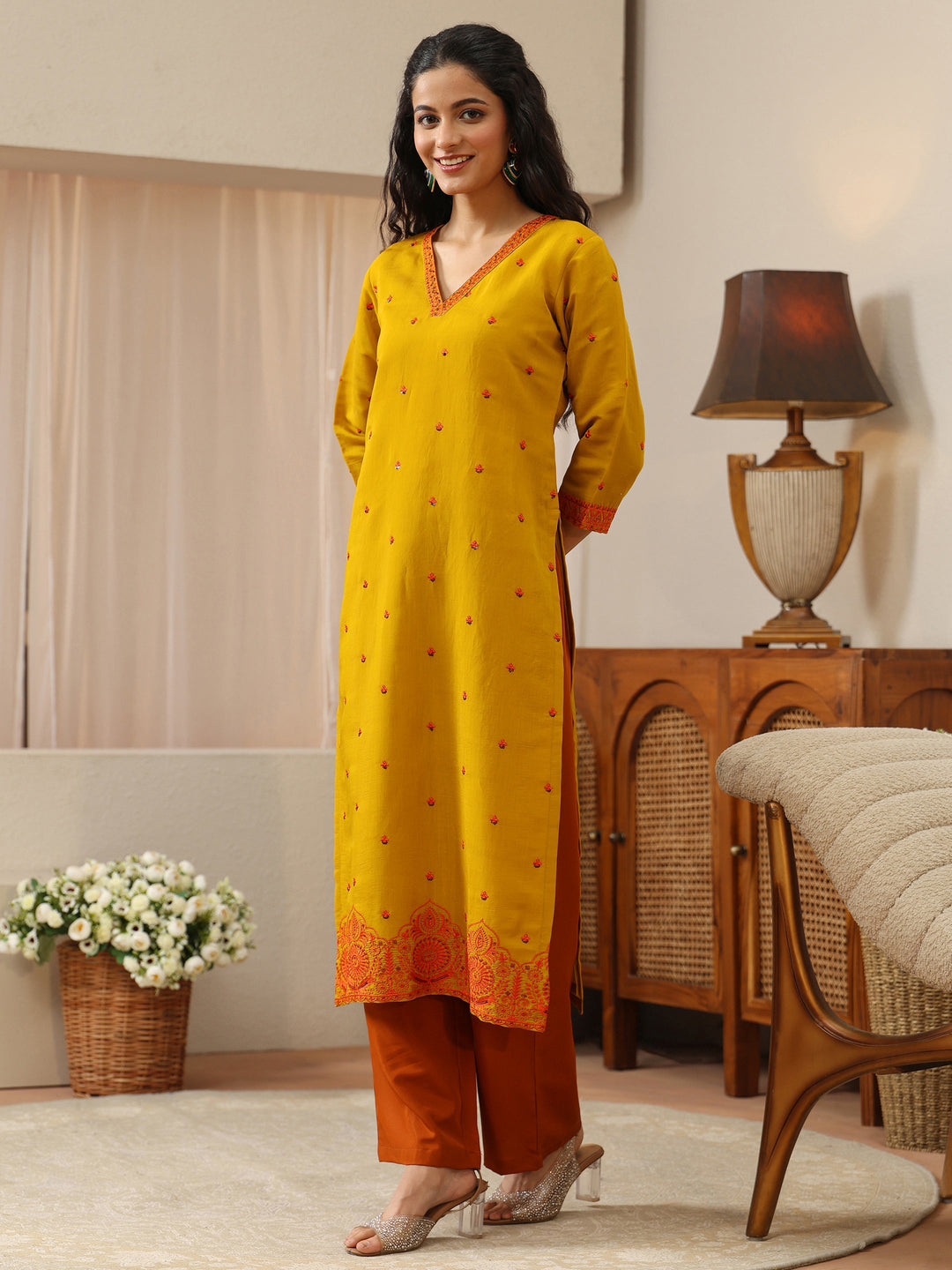 Mustard Ethnic Embroidered Chanderi Cotton Straight Kurta