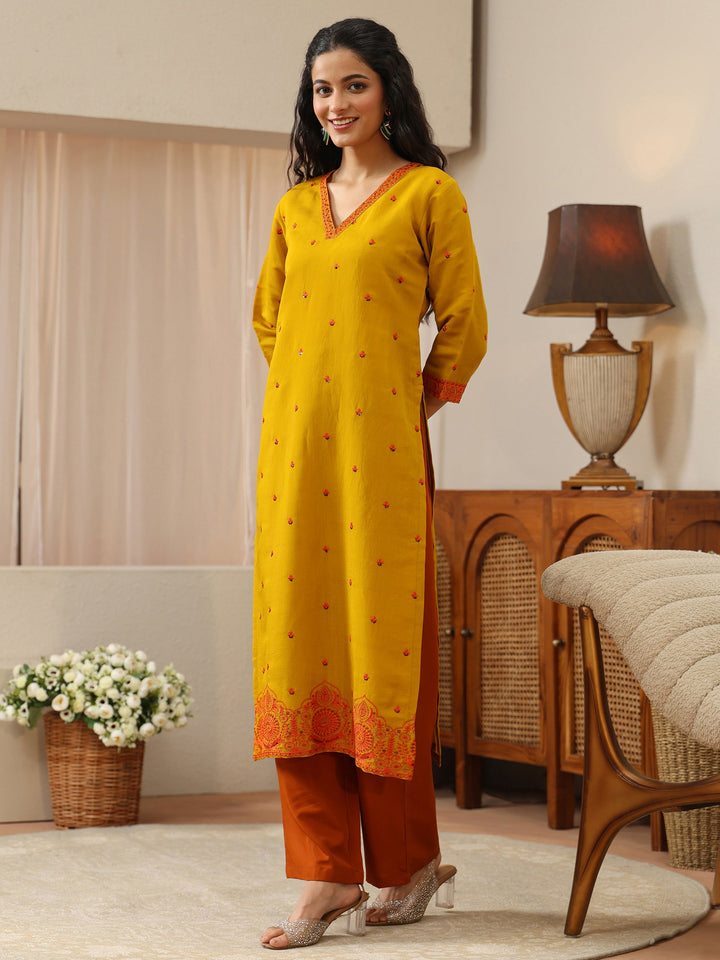 Mustard Ethnic Embroidered Chanderi Cotton Straight Kurta
