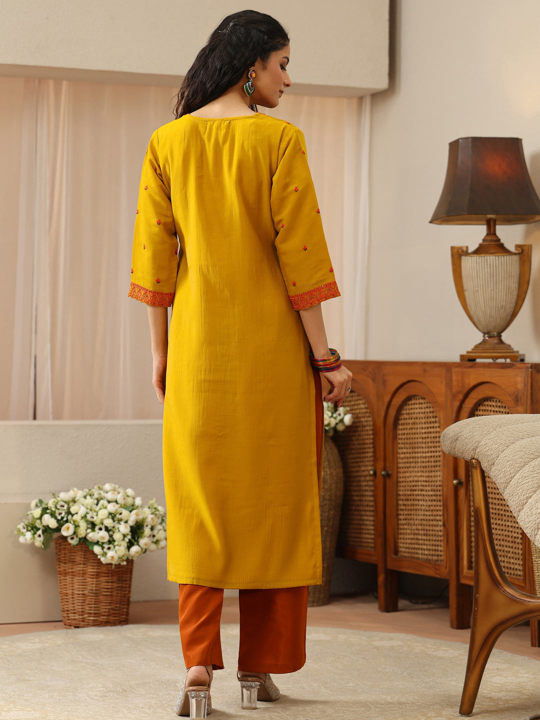 Mustard Ethnic Embroidered Chanderi Cotton Straight Kurta