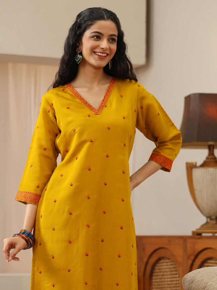 Mustard Ethnic Embroidered Chanderi Cotton Straight Kurta