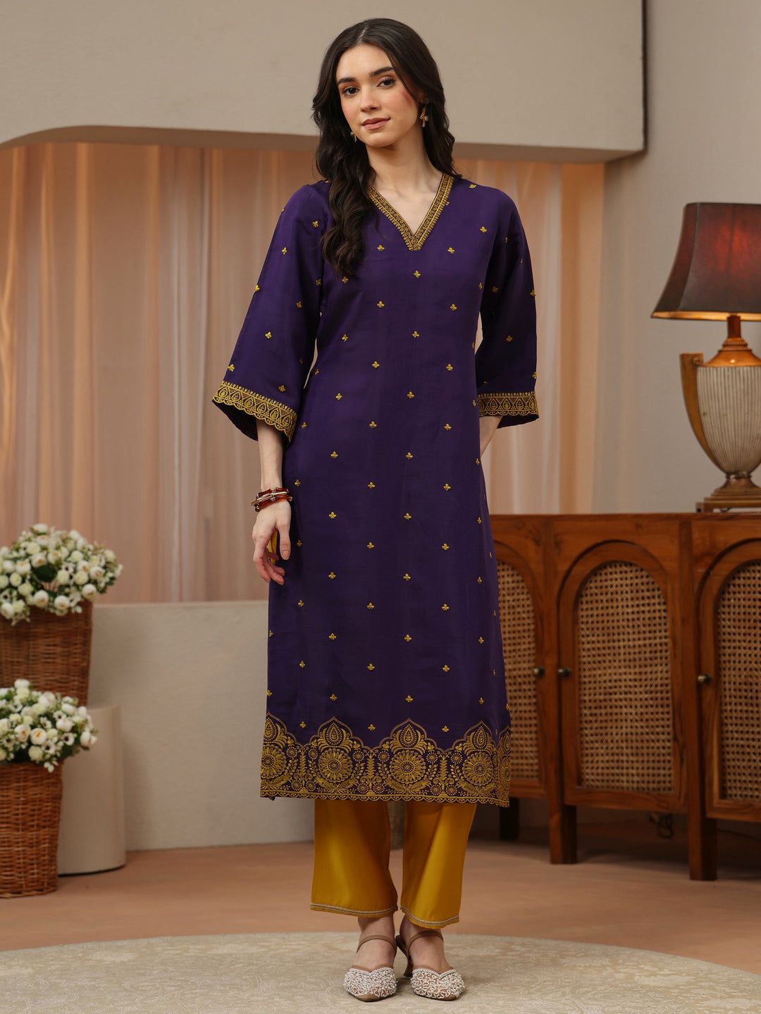 Purple Ethnic Embroidered Chanderi Cotton Straight Kurta