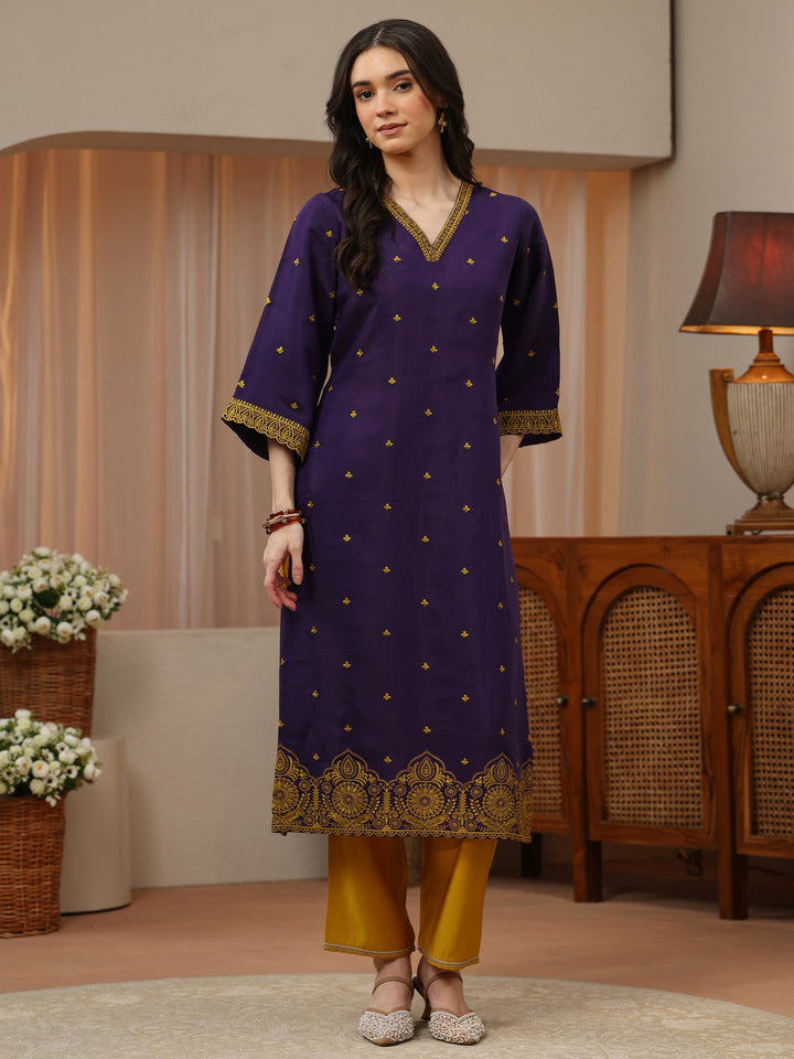Purple Ethnic Embroidered Chanderi Cotton Straight Kurta