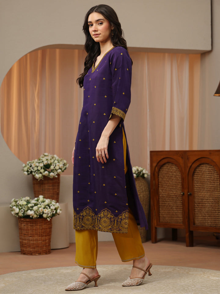 Purple Ethnic Embroidered Chanderi Cotton Straight Kurta