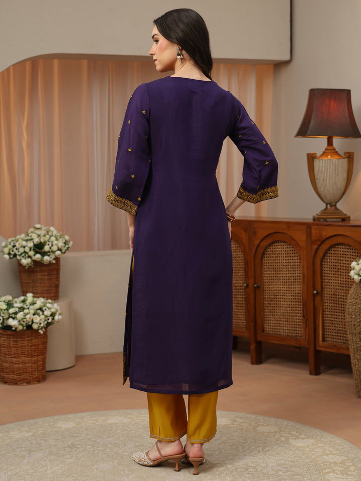 Purple Ethnic Embroidered Chanderi Cotton Straight Kurta