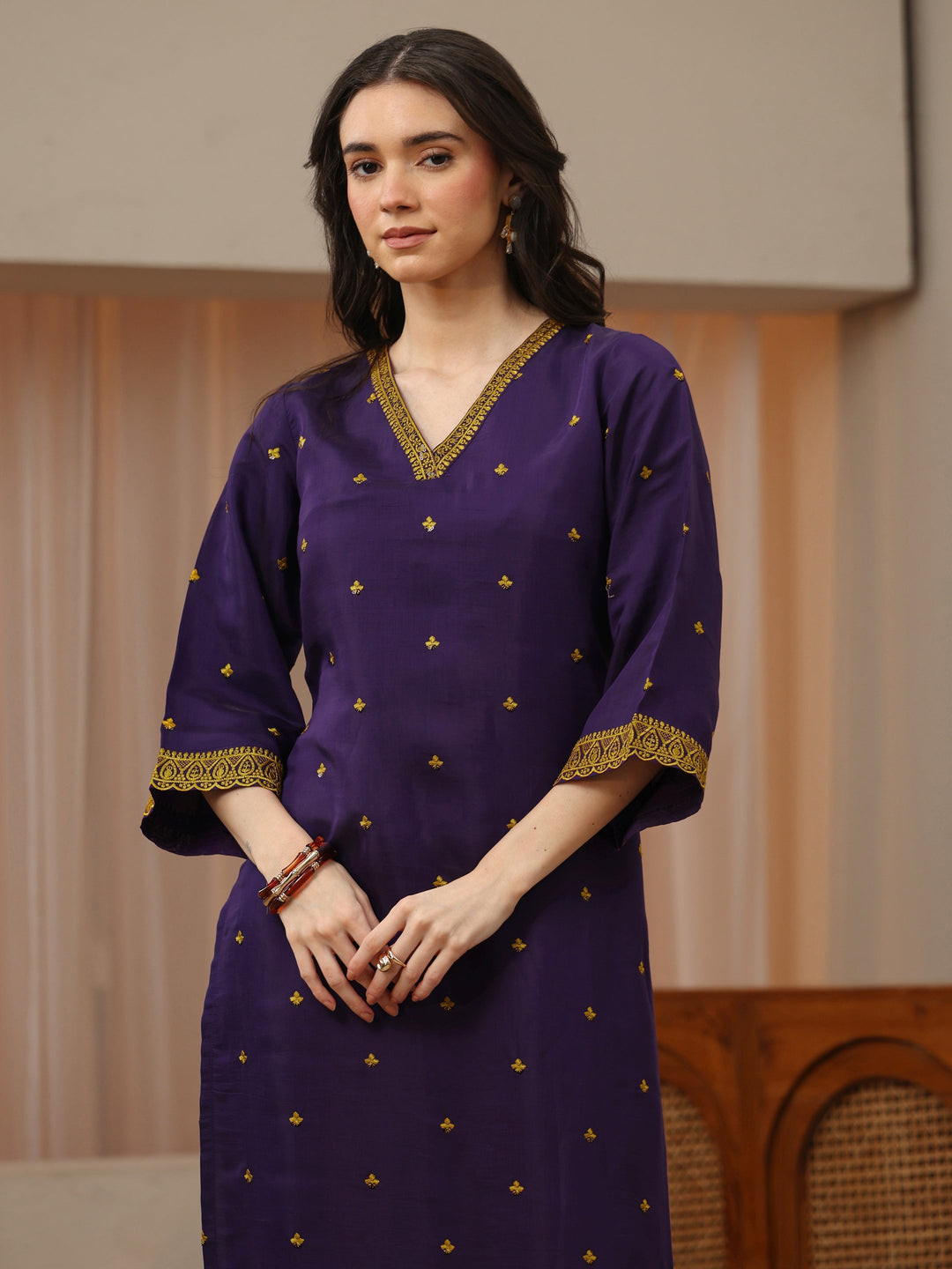 Purple Ethnic Embroidered Chanderi Cotton Straight Kurta