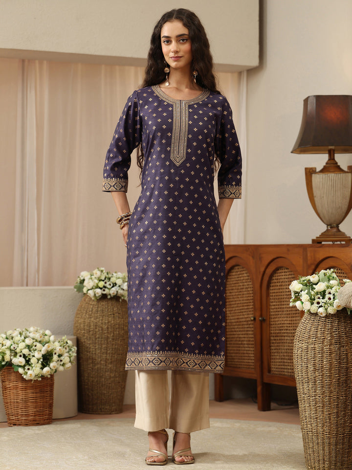 Purple Ethnic Woven Design Chanderi Silk Straight Kurta