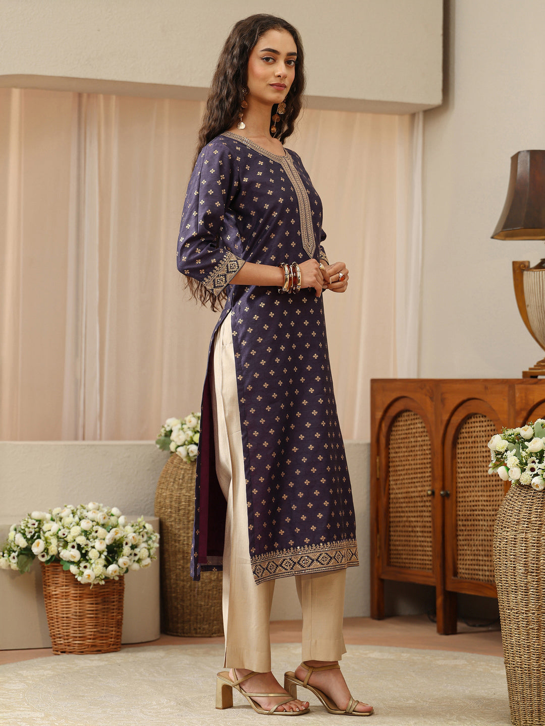 Purple Ethnic Woven Design Chanderi Silk Straight Kurta