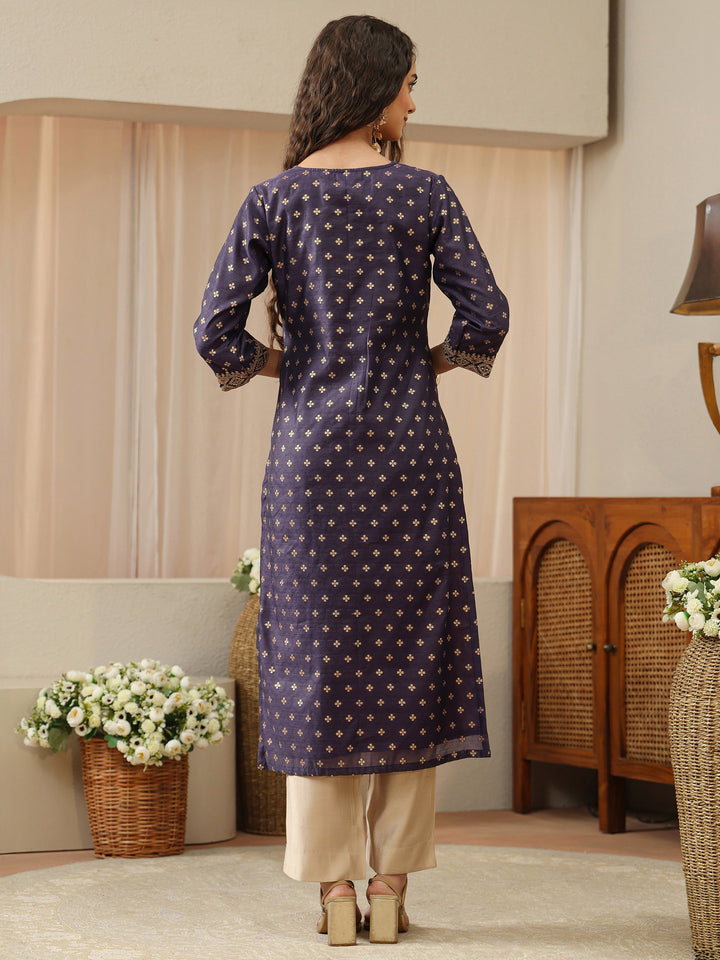 Purple Ethnic Woven Design Chanderi Silk Straight Kurta