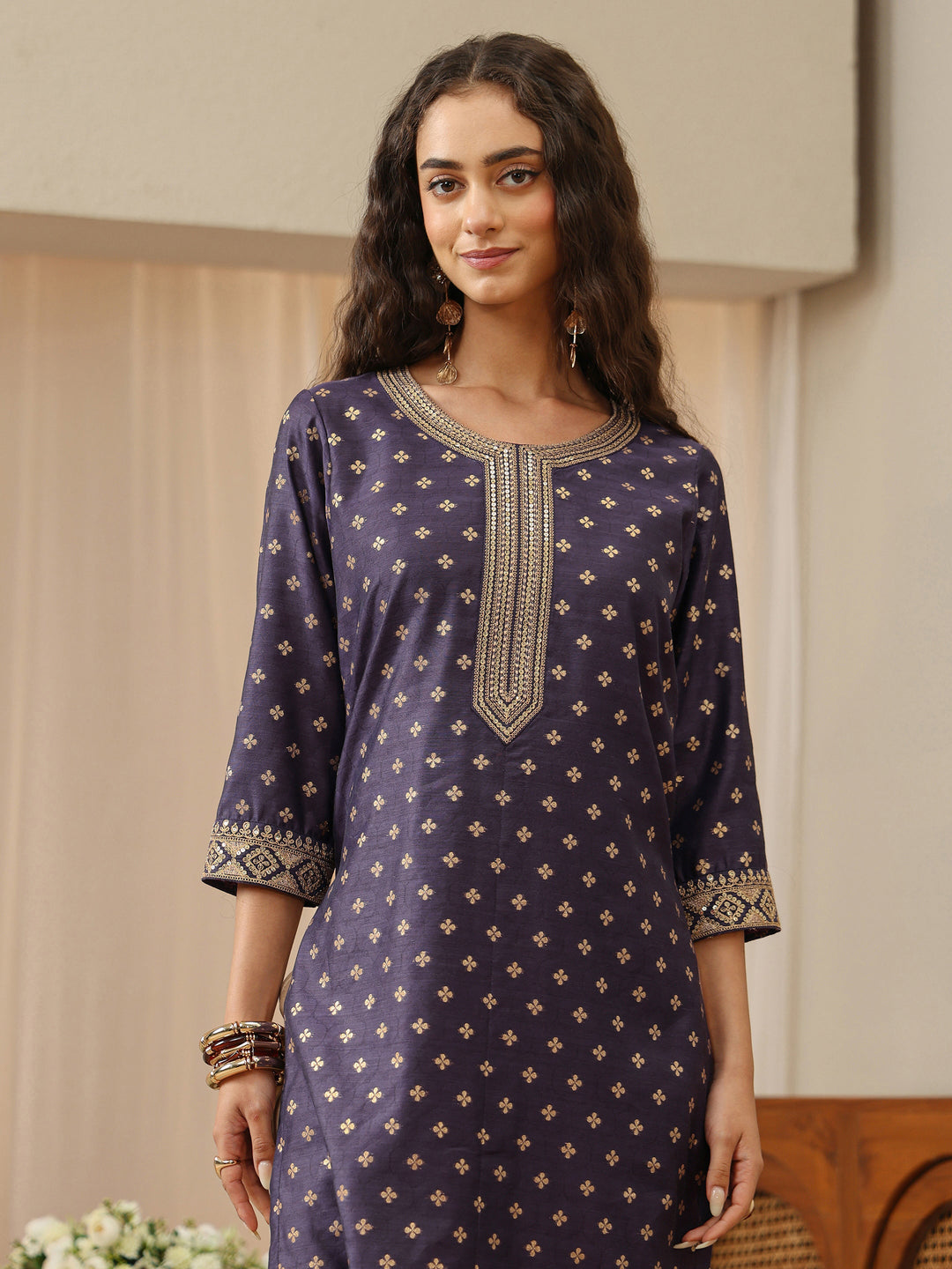 Purple Ethnic Woven Design Chanderi Silk Straight Kurta