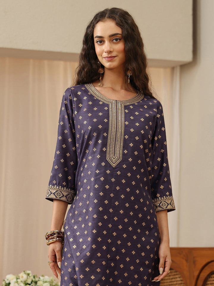 Purple Ethnic Woven Design Chanderi Silk Straight Kurta