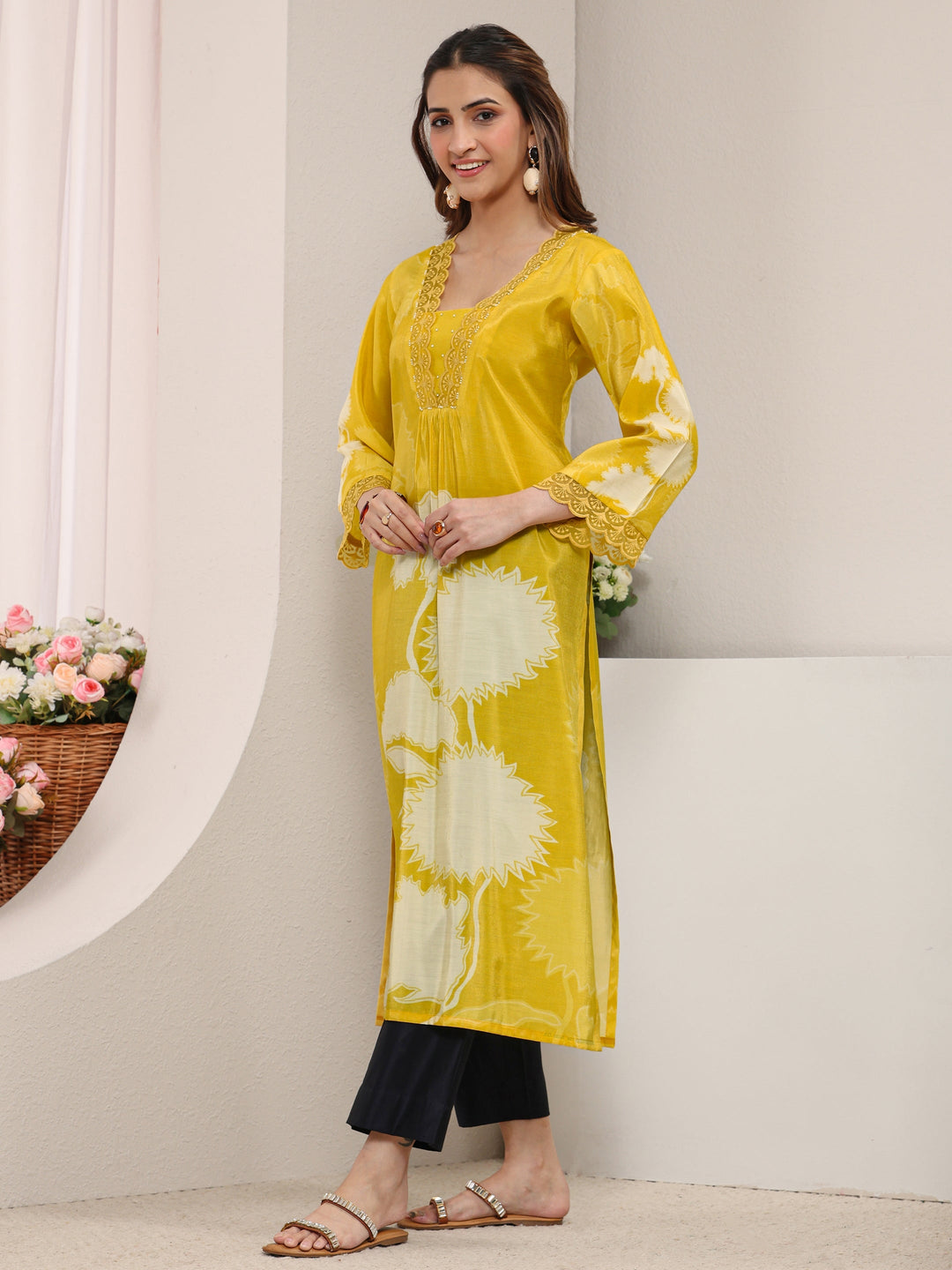 Yellow Floral Printed Silk Blend Straight Kurta