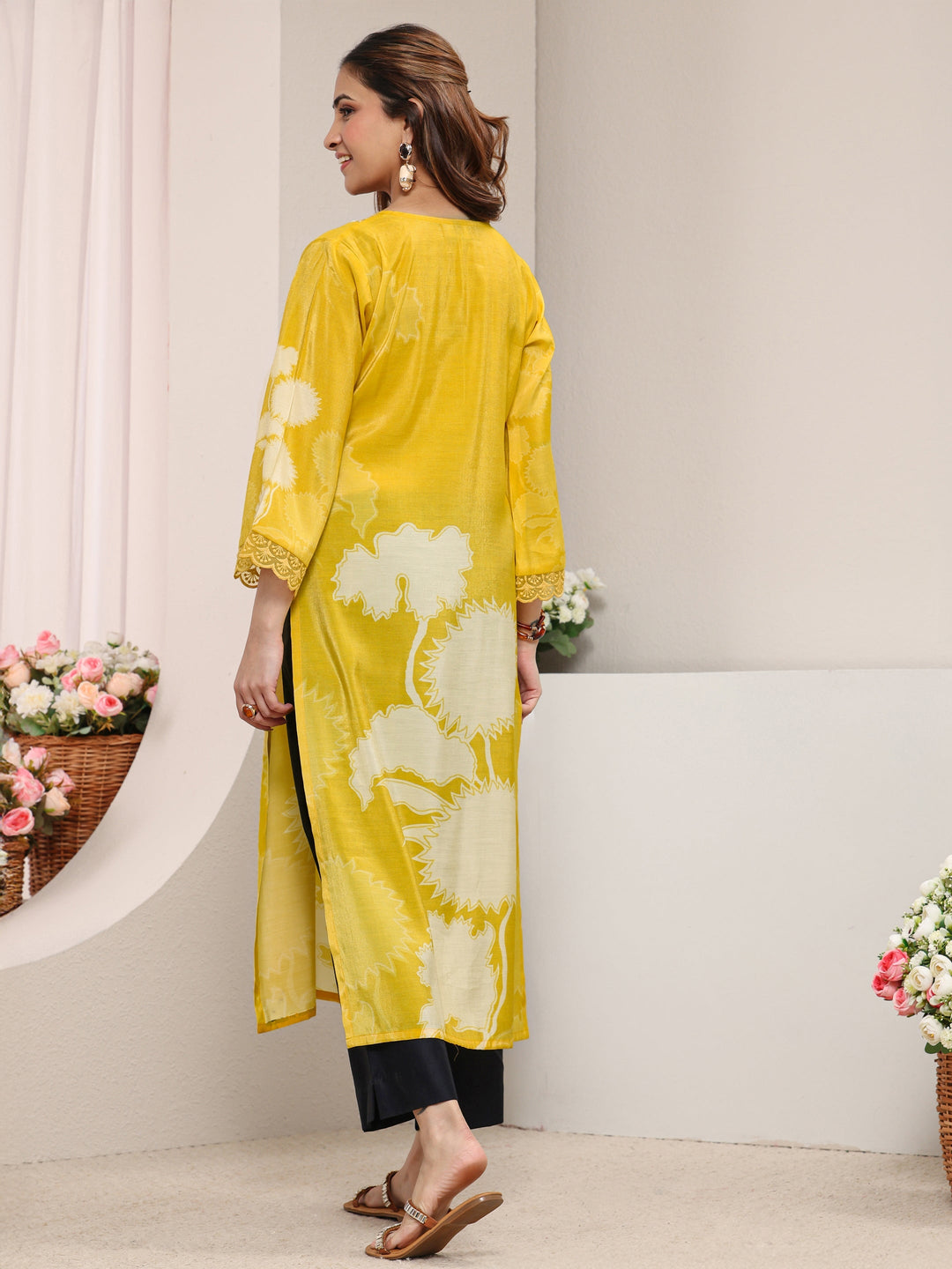 Yellow Floral Printed Silk Blend Straight Kurta