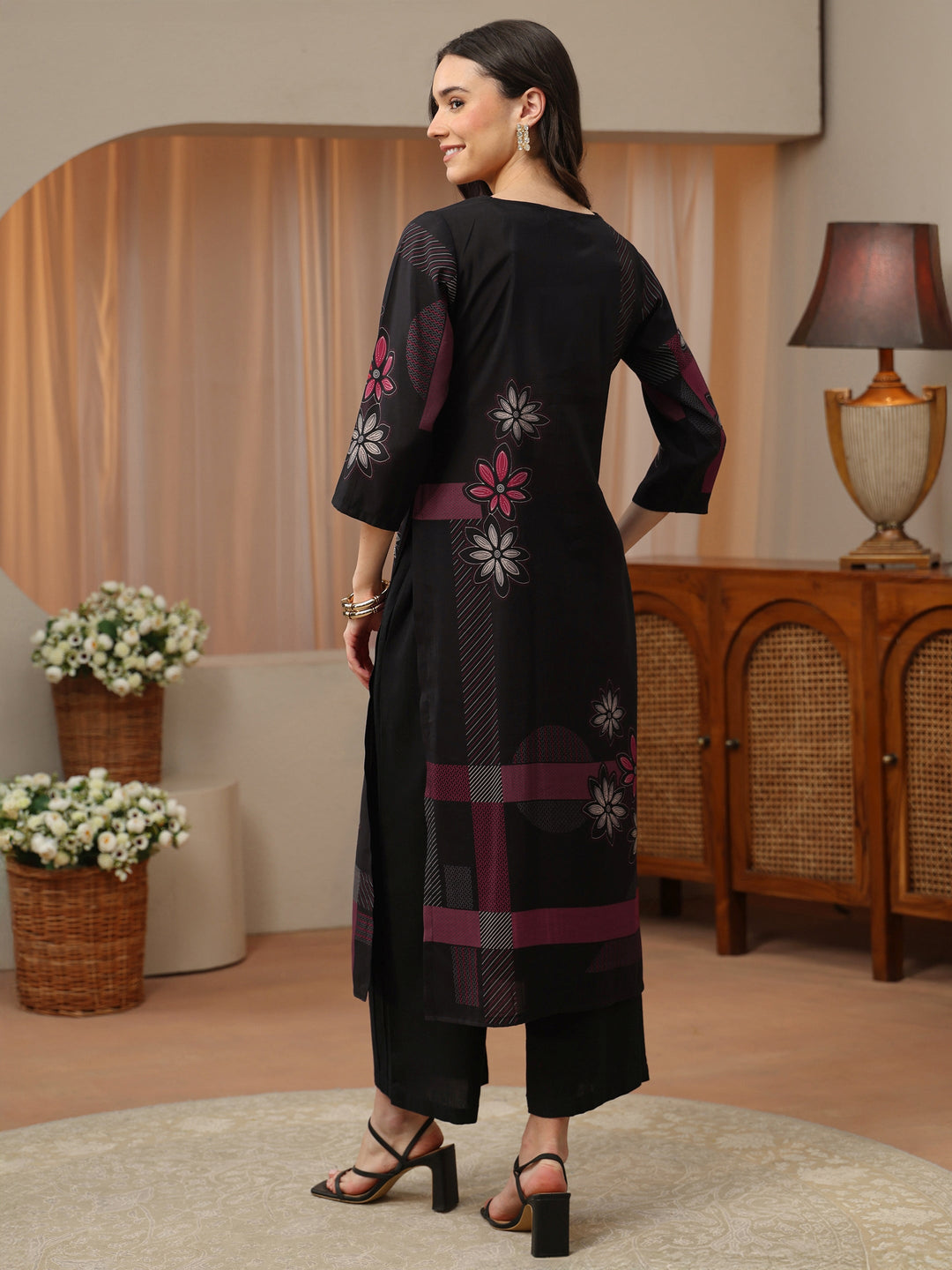 Black Multi Printed Silk Blend Straight Kurta