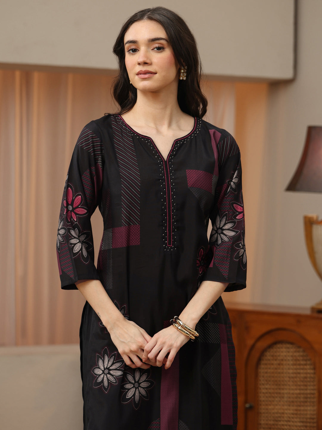 Black Multi Printed Silk Blend Straight Kurta