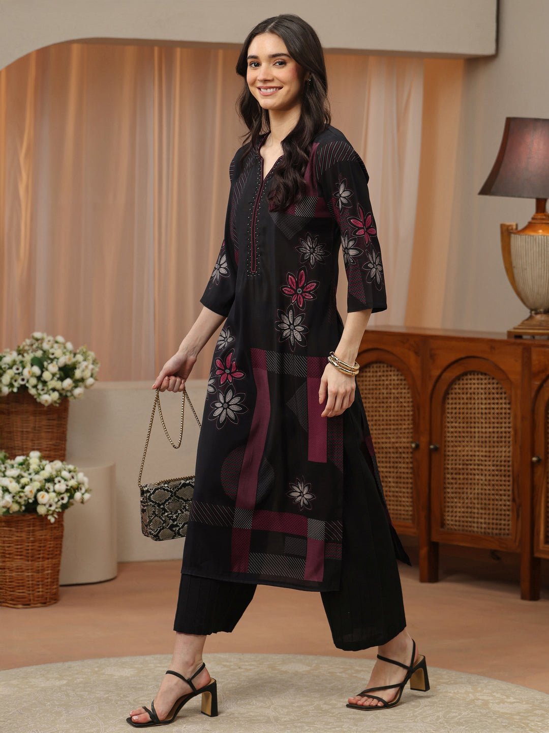 Black Multi Printed Silk Blend Straight Kurta