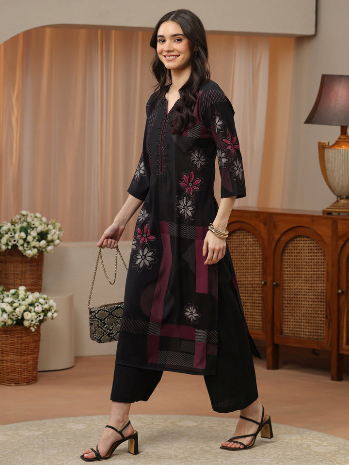 Black Multi Printed Silk Blend Straight Kurta