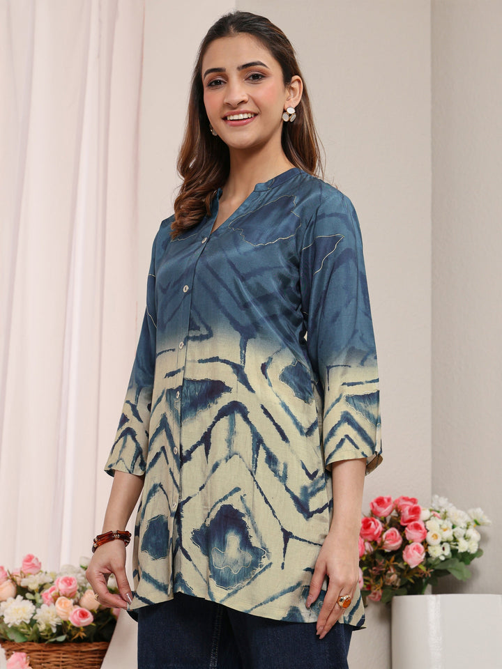 Teal Abstract Printed Muslin Straight Ombre Short Kurti