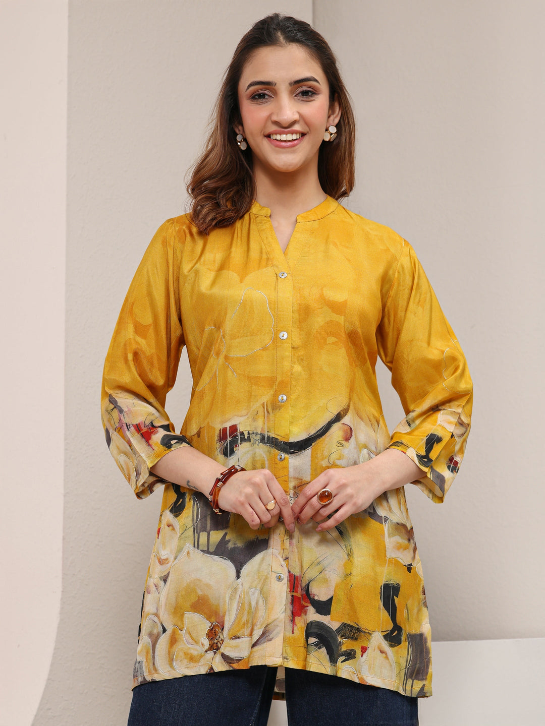 Libas Mustard Abstract Printed Silk Blend Shirt