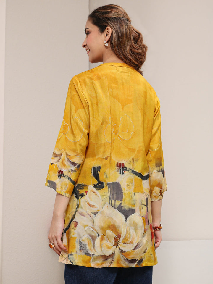 Libas Mustard Abstract Printed Silk Blend Shirt