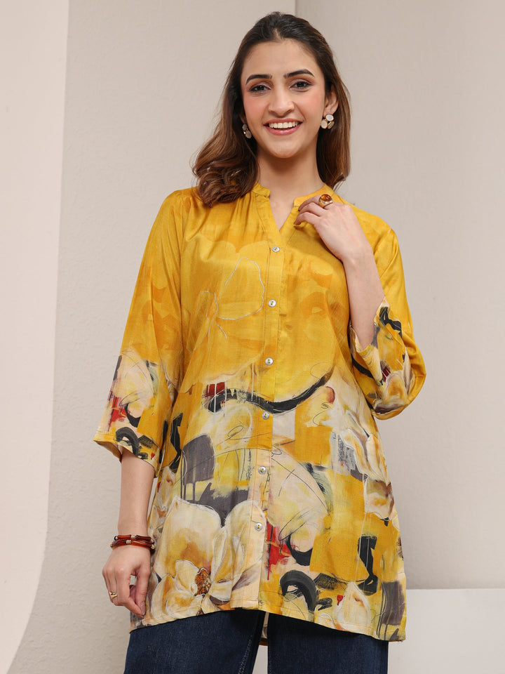 Libas Mustard Abstract Printed Silk Blend Shirt