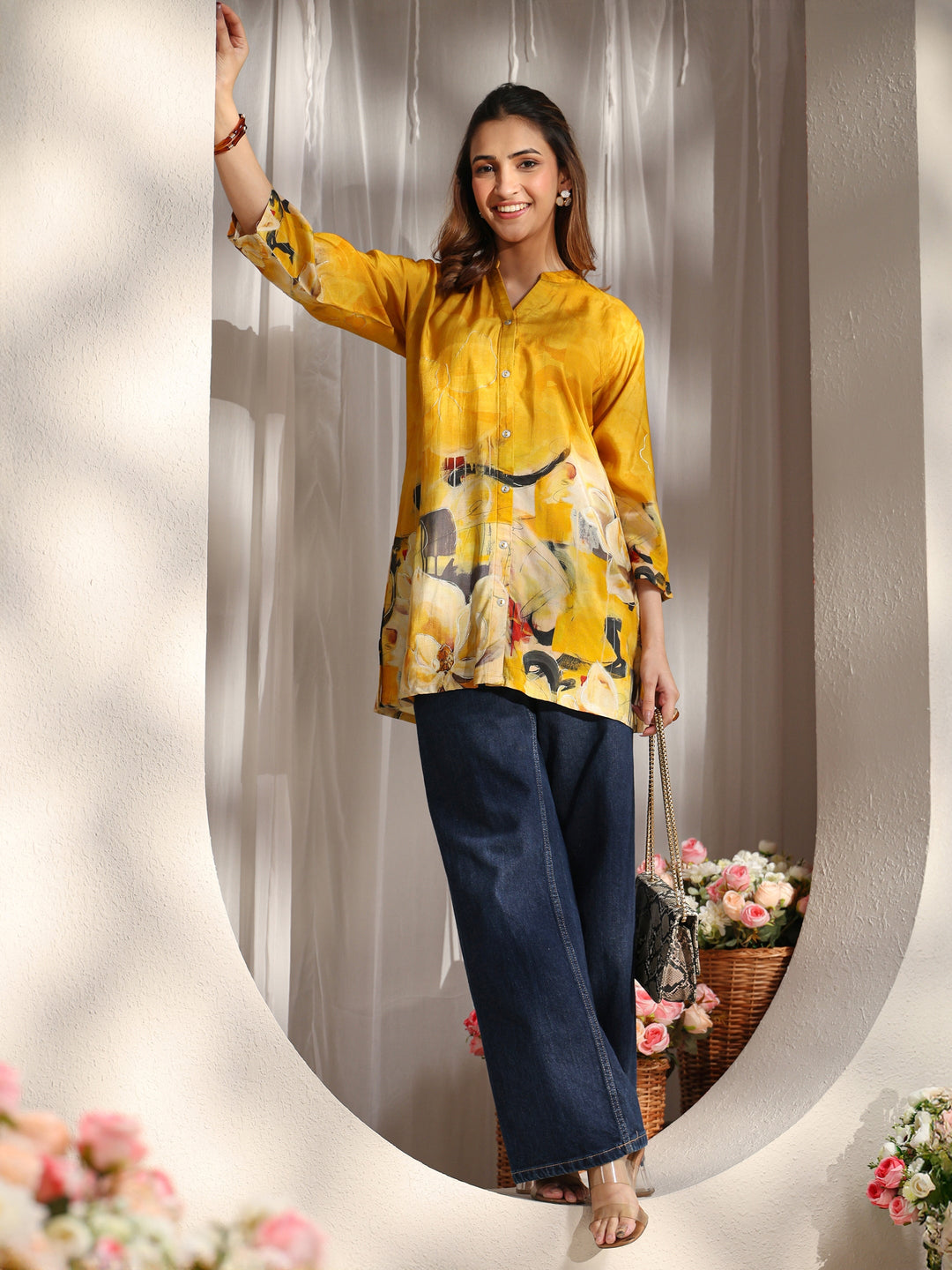 Libas Mustard Abstract Printed Muslin Shirt