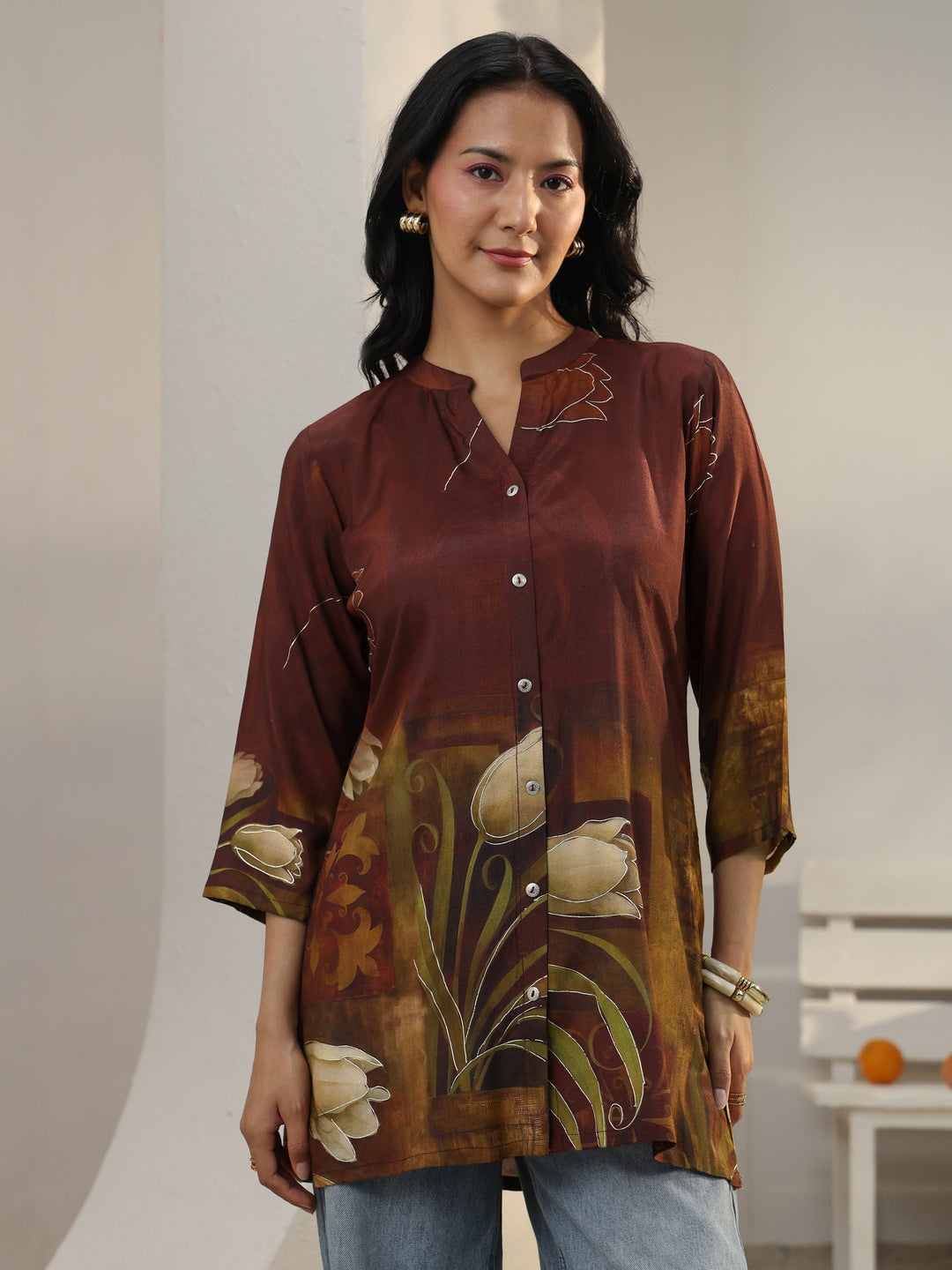 Brown Floral Printed Muslin Straight Short Kurti