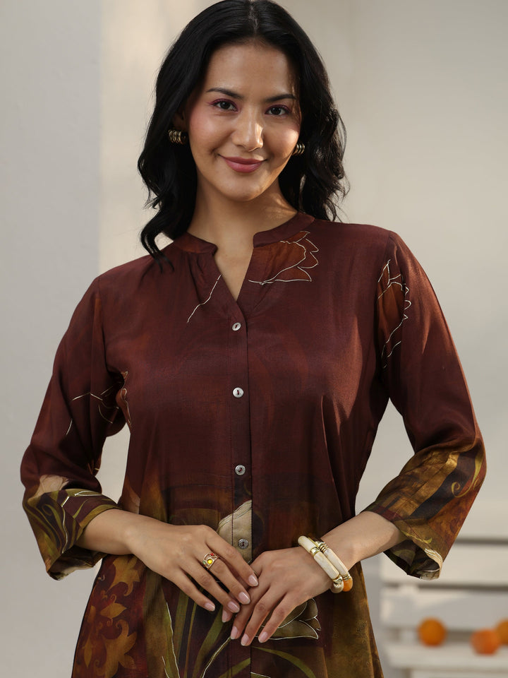 Brown Floral Printed Muslin Straight Short Kurti