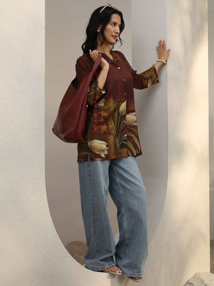 Brown Floral Printed Muslin Straight Short Kurti