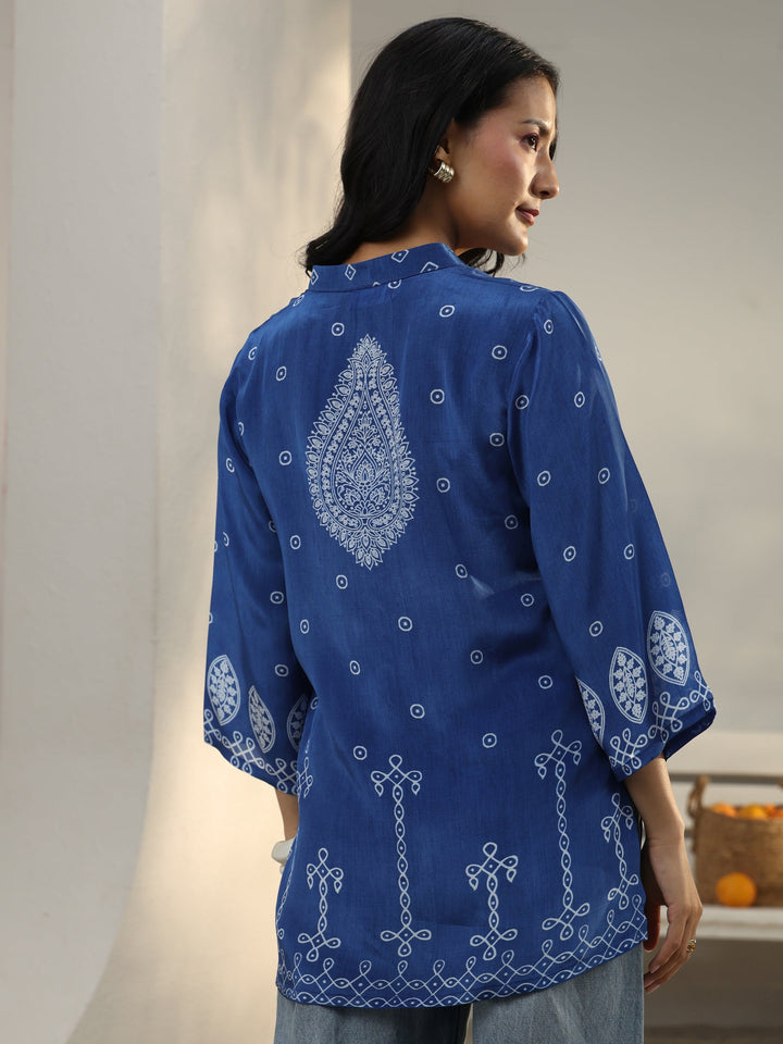 Blue Ethnic Printed Crepe Shirt