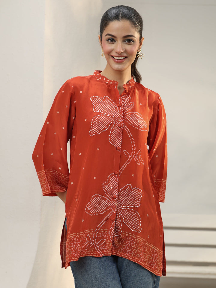 Orange Bandhani Printed Crepe Shirt