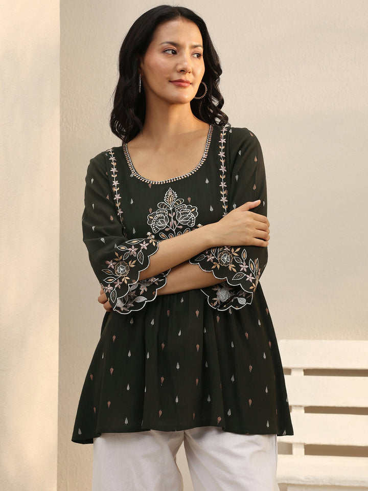 Dark Green Floral Embroidered Rayon A-Line Short Kurti