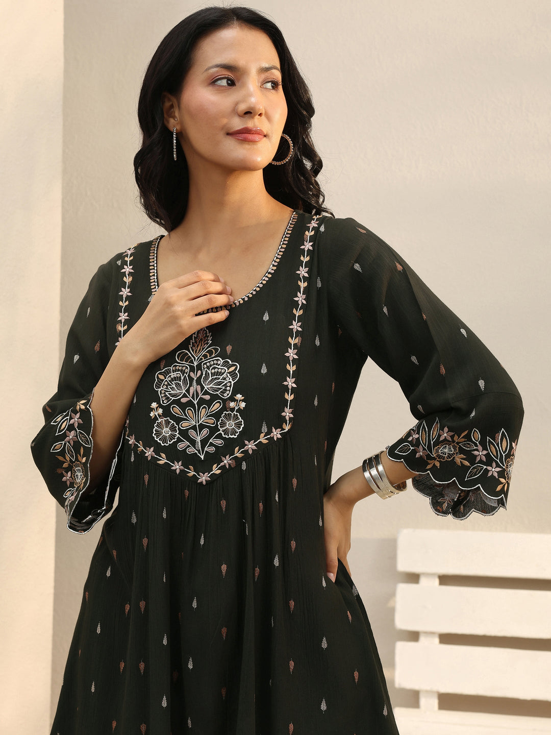 Dark Green Floral Embroidered Rayon A-Line Short Kurti
