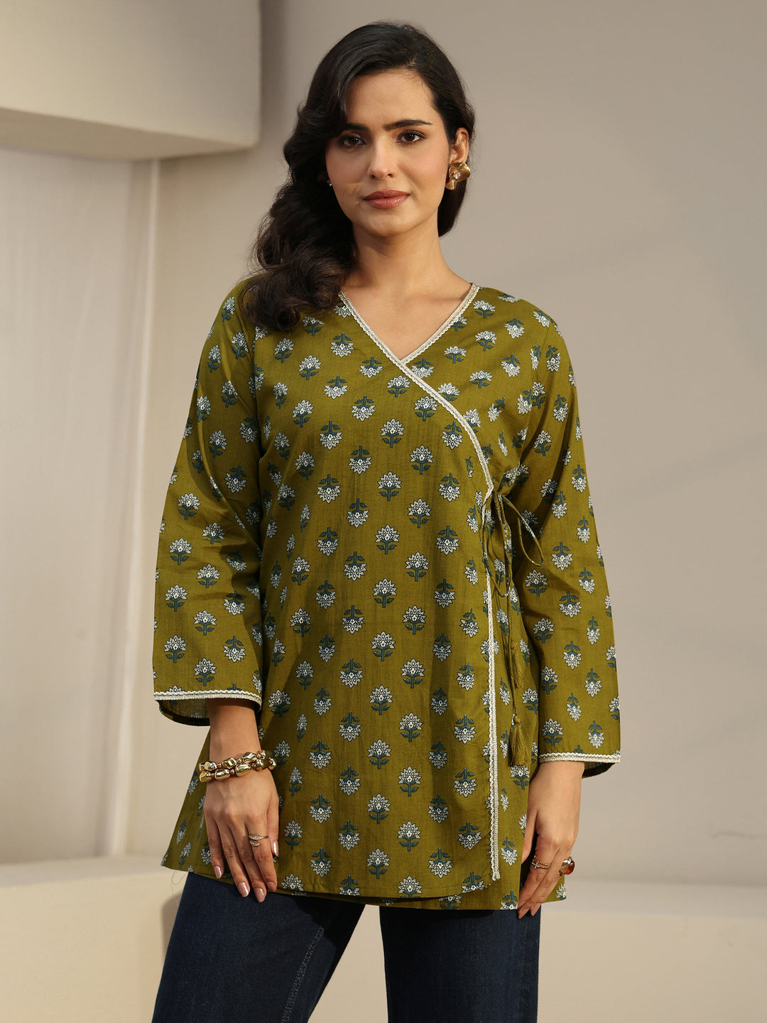 Libas Olive Green Angrakha Floral Printed Cotton Short Kurti