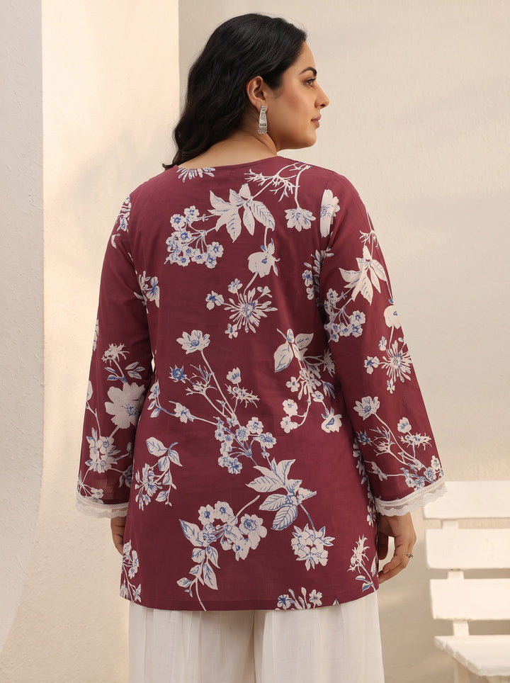 Plus Size Red Floral Printed Cotton Tie-Up Straight Short Kurti