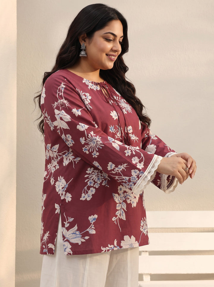Plus Size Red Floral Printed Cotton Tie-Up Straight Short Kurti