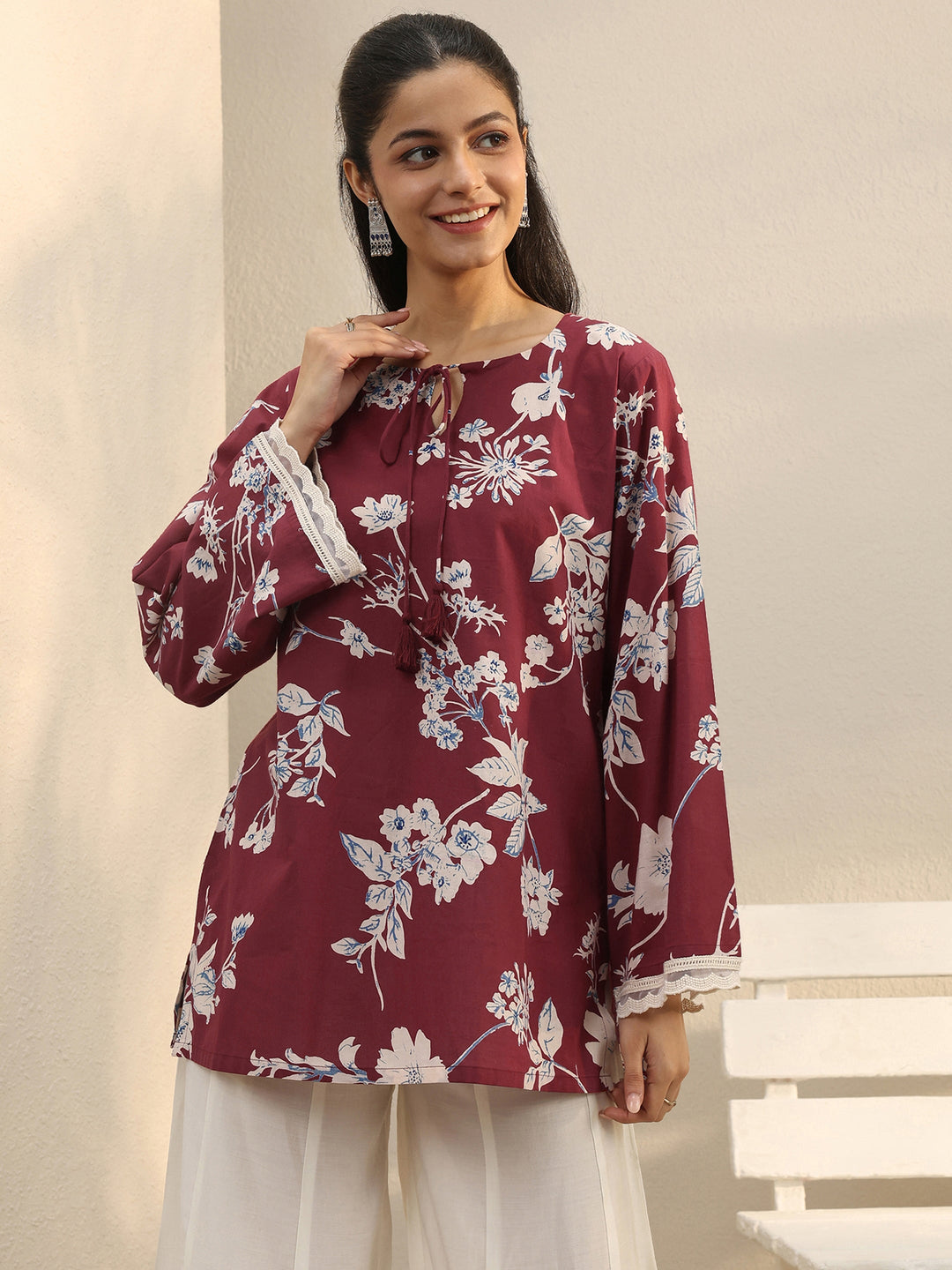Red Floral Printed Cotton Tie-Up Straight Short Kurti