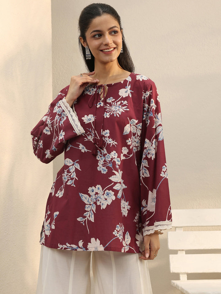 Red Floral Printed Cotton Tie-Up Straight Short Kurti
