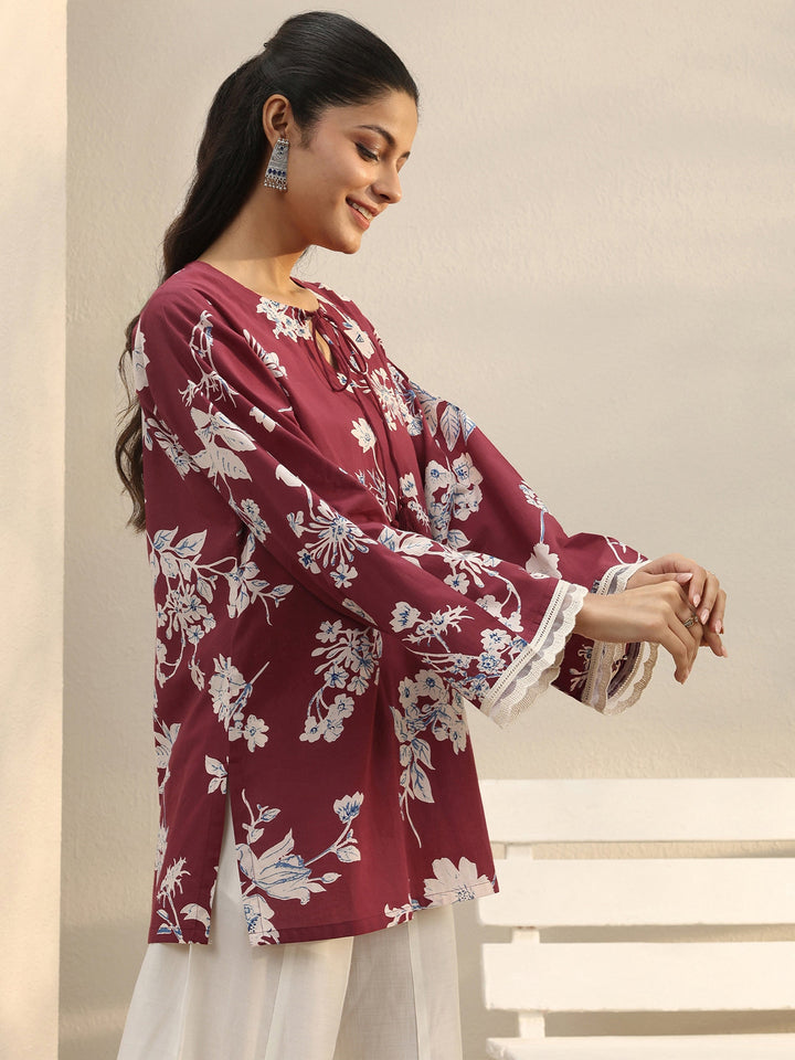 Red Floral Printed Cotton Tie-Up Straight Short Kurti