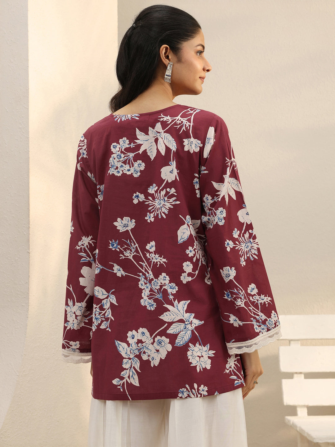 Red Floral Printed Cotton Tie-Up Straight Short Kurti