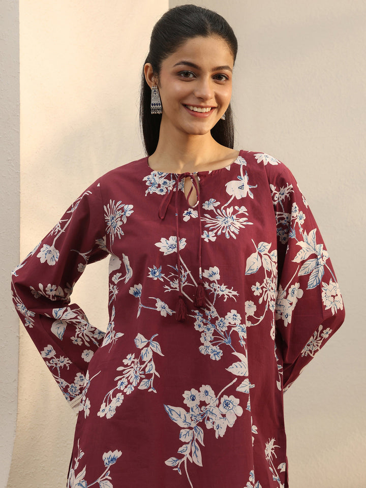 Red Floral Printed Cotton Tie-Up Straight Short Kurti