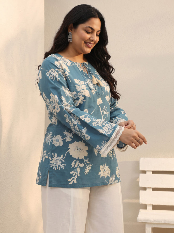 Plus Size Blue Floral Printed Cotton Tie-Up Straight Short Kurti