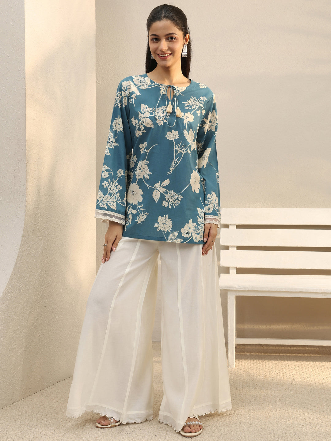 Blue Floral Printed Cotton Tie-Up Straight Short Kurti